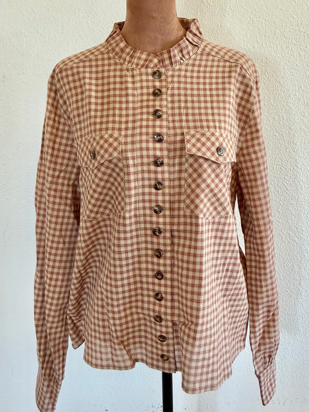 Sezane Gingham Ruffle-Neck Button Front Shirt